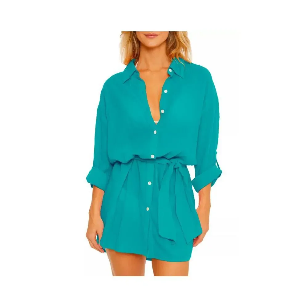 Becca by Rebecca Virtue Gauzy Cover Up Shirt Dress Long Sleeve Turquoise M NWT